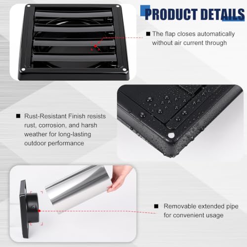 Image of Shimeyao Wall Vent Cover Stainless Steel Outside Dryer Vent Covers for House Exhaust Duct Kit with Removable Extension Pipe 8 Inch and 4 Screw for House Outdoor Extended Air Pipe (4 inch,Black)