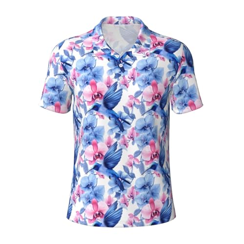Nevjipu Camisas tipo polo para hombre, estilo informal, con estampado de colibrí y flores coloridas, de manga corta, con cuello y estampado de colibríes, camisas de golf para hombre, Negro, M