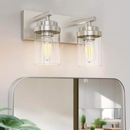 Image of IZORRO Bathroom Vanity Light Fixture, 2-Light 15 Inch Brushed Nickel Bathroom Light Fixtures Over Mirror, with Clear Glass Shade, Modern Farmhouse Vanity Lights, Rustic Restroom Lighting Fixtures