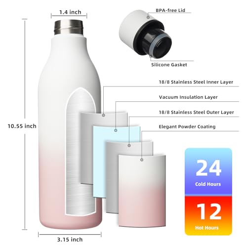 Image of BJPKPK Insulated Water Bottles, 25 oz Stainless Steel Metal Water Bottle with Strap, BPA Free Leak Proof Jugs, Mugs, Flasks, Reusable Thermal Flasks for Sports & Travel, Graceful Pink