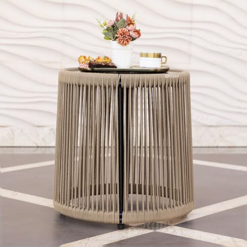 Image of BRISHI Garden Patio Seating Chair and Table Set Outdoor Balcony Garden Coffee Table Set Furniture with 1 Table and 2 Chairs Set with Cushion Braid & Rope (BRISHI 124 Beige)