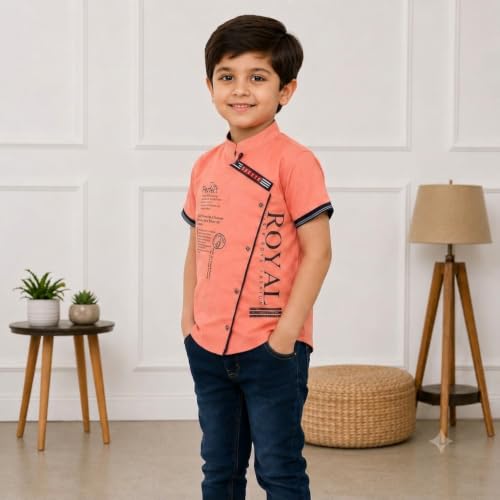 Image of NIVIK Printed Cotton T-Shirts. Stand Collar T-Shirt for Boys