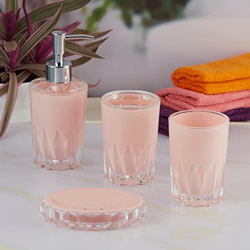 Image of Kookee Acrylic Bathroom Set - Stylish 4 Piece Bath Accessories Kit with Soap Dispenser, Toothbrush Holder, Tumbler & Soap Dish - Modern & Designer Decor for Home & Guest Bathrooms (8343)