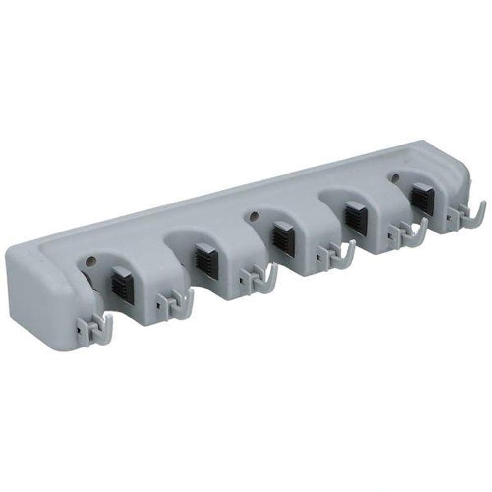 BAKAJI Portascope e Spazzole da Muro a 5 Posti, Rastrelliera Porta Scopa, Spazzolone e Utensili a Parete Salvaspazio in Plastica Grigio, Fissaggio con Viti, 6 Ganci Portatutto Versatile Multiuso