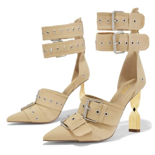 YDN Women Ankle Strap Pumps Pointed Toe Rivets D’Orsay Metal Chunky High Heels Buckle Strap Shoes Party Prom Daily Size 4-16 US2