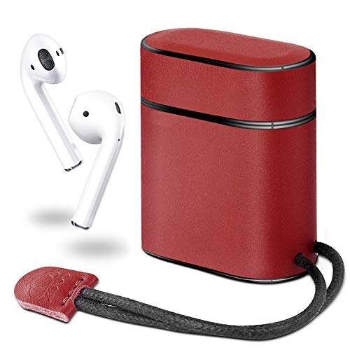XGUO Schutzhülle für AirPods, Premium-Leder, stoßfest, mit Umhängeband für Apple AirPods Ladehülle rot