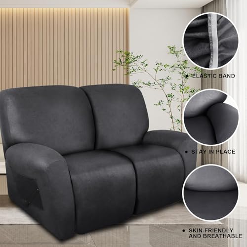 Image of molasofa Loveseat Recliner Slipcover 6-Pieces Stretch Leather Like Recliner Sofa Cover for 2 Seat Dual Reclining Loveseat Couch, Furniture Protector with Elastic Bottom (Charcoal Grey)