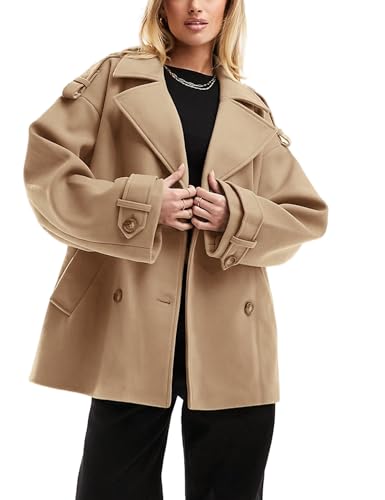 Majdan Women's Double Breasted Short Peacoat Winter Thick Wool Coat Oversized Jacket with Pockets