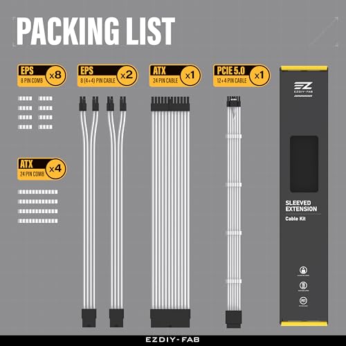 Image of EZDIY-FAB 12VHPWR PSU Cable Extension Kit for RTX 50 /40 Series,16AWG PCIE 5.0 Power Supply Cable Extension- 1x 24 Pin ATX /2X 8Pin (4+4) EPS / 1x12+4 Pin GPU,Sleeve Cable 300MM with Combs-White