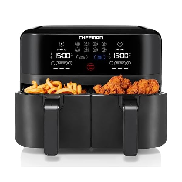 Chefman TurboFry 9-Qt. Dual-Basket Air Fryer with Sync Finish, One-Touch Digital Control, & Shake Reminder for Quick, Healthy, Family-Sized Meals, Black