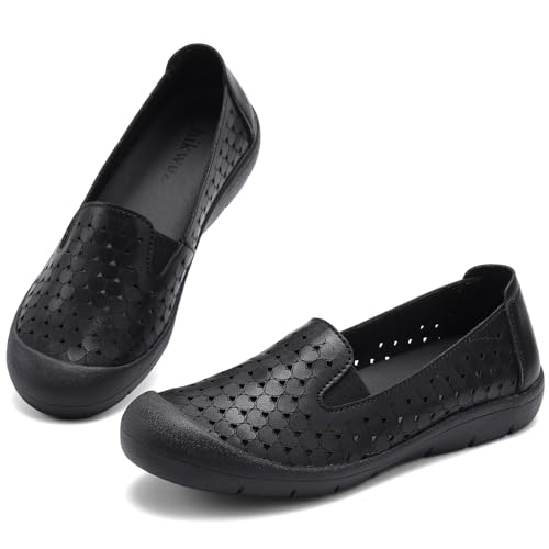 Image of Women's Summer Slip On Loafers, Breathable Perforated Hollow Cutout Flats, Comfortable Vegan Leather Walking Work Shoes for Women, Heart Floral Geometric Pattern Soft Sole Casual Summer Footwear
