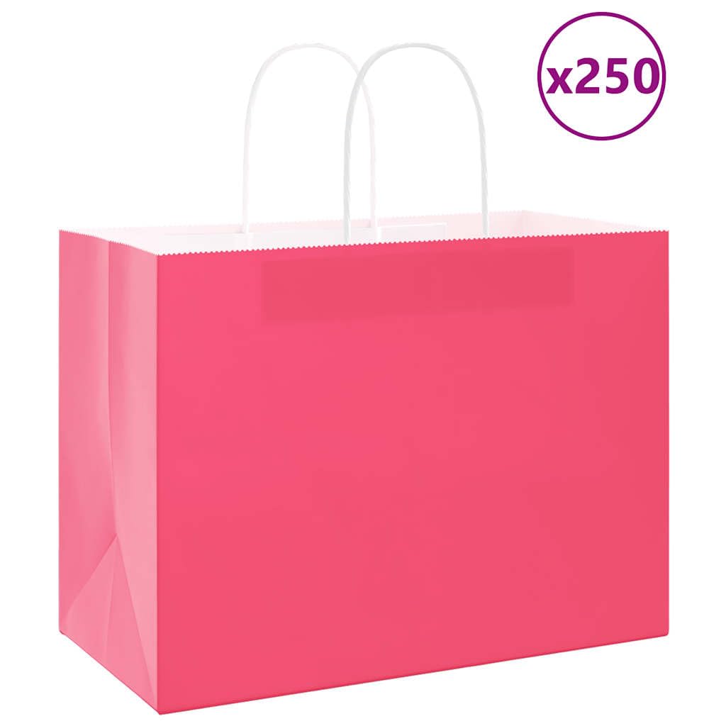 250 bolsas de papel rosa 32 x 17 x 25 cm con asas, bolsas de regalo estables de papel kraft para compras y llevar
