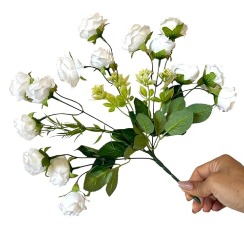 Image of Garden Art Artificial Small Rose Flower Bunch (Pack of 1) | 5 Heads with 15 Flowers & Buds, 35 cm Faux Rose Bouquet for Home Decor, Wedding & Table Decoration (White)