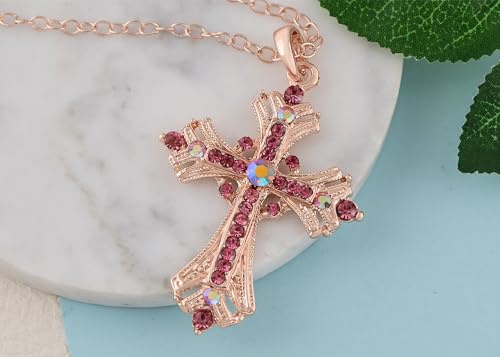 Image of Alilang Silvery Tone Religious Cross Pendant Necklace w /Aquamarine Blue Or Clear Crystal Rhinestones
