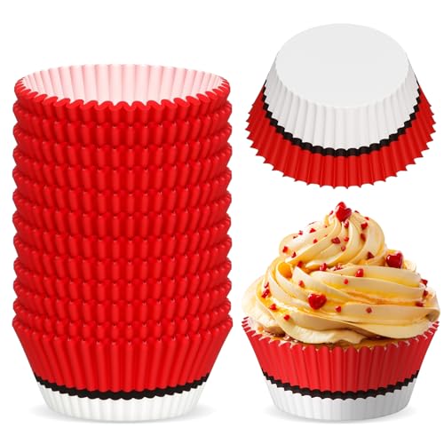 Reallnaive 300 Pcs Cupcake Liners Paper Baking Cups Red White Muffin Cupcake Wrappers for Cakes Baking Ice Cream Dessert Cheese Wedding Birthday Party Supplies