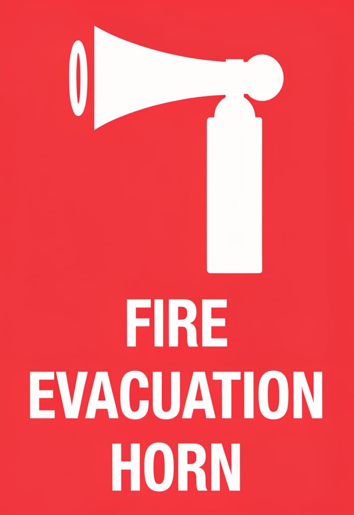 peiyeety Fire Evacuation Horn Tin Sign 12x8 Inch, Red and White Emergency Safety Metal Sign, Vintage Wall Decor for Office, School, Warehouse, Factory, Garage, Safety-Themed Gift