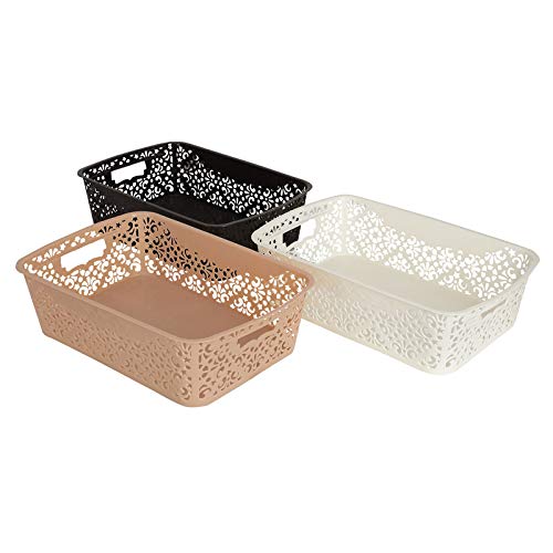 Image of Cutting Edge Essentials Medium Rectangular Plastic Storage Basket Set of 3, Multipurpose Shelf Organizer for Kitchen, Bathroom, Pantry, Cabinet & Wardrobe, Multicolor