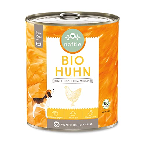 naftie Bio Hundefutter 100% Bio-Huhn - Reinfleisch Huhn pur - Nassfutter für Hunde zum Mischen, Barf-Fleisch - glutenfrei, getreidefrei - 800g Dosen