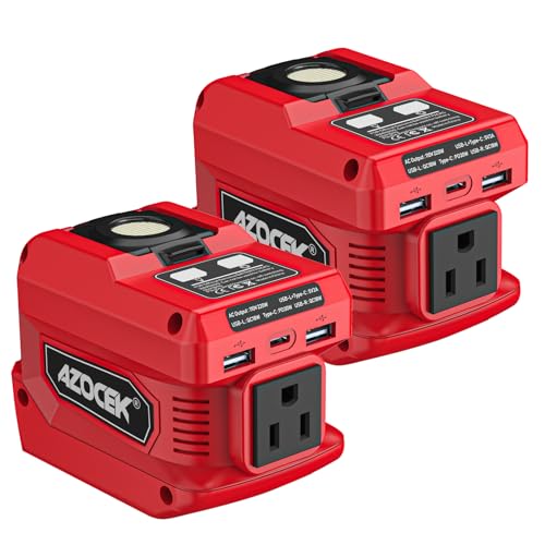 Image of 220W Azocek Power Inverter Compatible with Milwau-kee 18V Battery, DC 18V to AC 110V Portable Power Station with 1 AC Outlet, 2 USB Ports & 1 Type-C Fast Charging, 400LM LED Work Light (2-Pack)