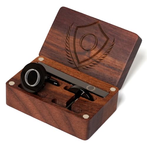 Image of Mens Initial Cufflinks and Tie Clip A-Z Alphabet Letter Black Stainless Cuff Links Tie Bar with Engraved Walnut Wood Box Groom Groomsman Wedding Set