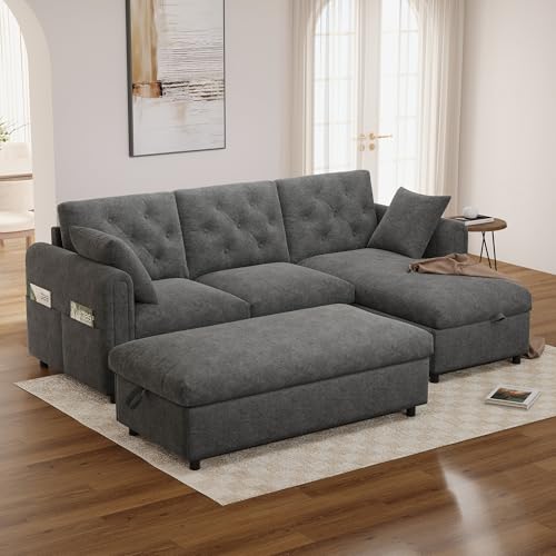 HaoChrymec Sofá de Terciopelo con Chaise Longue y Reposapiés, Salón, Gris, 219 x 131 x 86 cm