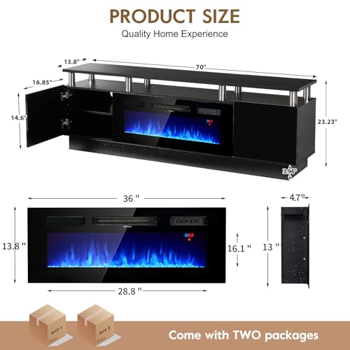 70" TV Stand for Living Room, Modern Entertainment Center & Media Console, Fits TVs up to 80", Storage Cabinet with Shelves, 36" Electric Fireplace with LED Flame (All Black) - Image 3