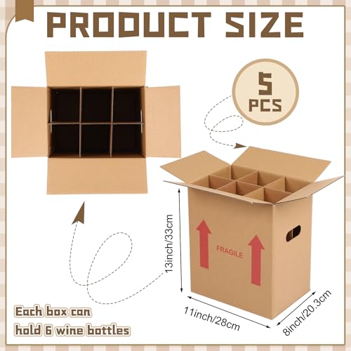 Image of Tatuo 5 Pack Wine Box for Moving, 6 Bottle, with Divider, 13 x 11 x 8 in | Liquor Shipping Packing Box Bulk, Corrugated Cardboard, Reinforced Bottom, Break Resistant, Heavy Duty, Cellar Storage