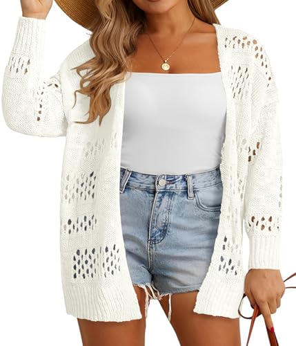 Image of Plus Size Womens Crochet Cardigans Sweater Boho Long Sleeve Lightweight Oversized Open Front Loose Fit Knitted Tops