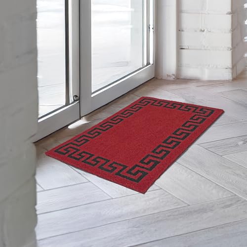 Image of Encasa XO Coir Door Mat for Home Entrance, Anti Slip PVC Back Greek Key Red