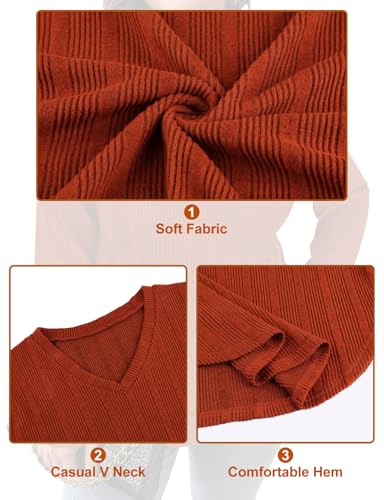 Image of Koscacy Women Plus Size Casual Knit Sweater V Neck Solid Color Tops Lightweight Long Sleeve Blouses