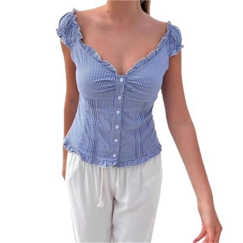 Women Y2K Short Sleeve Babydoll Tops V Neck Button Up Ruffle Hem Slim Teen Girls Tshirt Cute Aesthetic Shirts