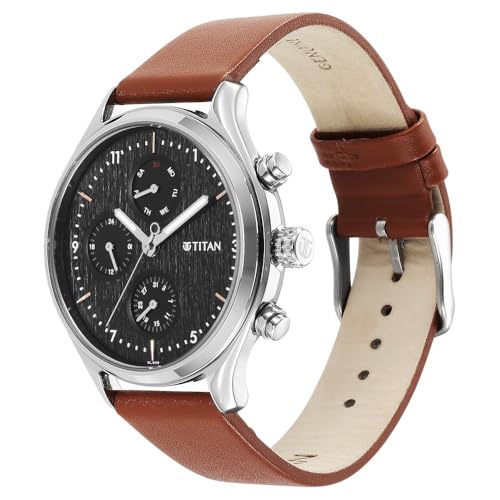 Image of Titan Neo Quartz Multifunction Black Dial Brown Leather Strap Watch for Men - NT1803SL02