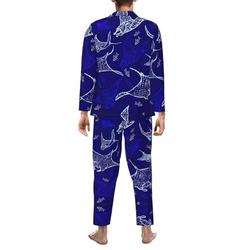 Pyjama classique col cranté ensemble détente léger à imprimé raie manta et poisson - 5