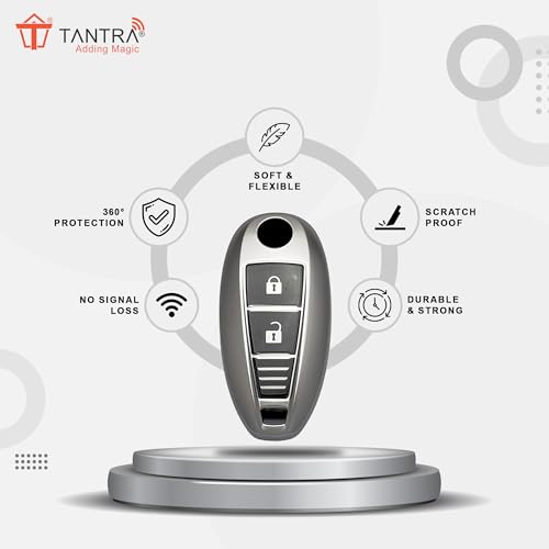 Image of SIAGO TPU Key Cover and Round Keychain Compatible for Maruti Suzuki Baleno | Ciaz | Swift | Ertiga | Ignis | Ritz | S-Cross | SX4 | Vitara Brezza 2 Button Smart Key Cover (Grey)