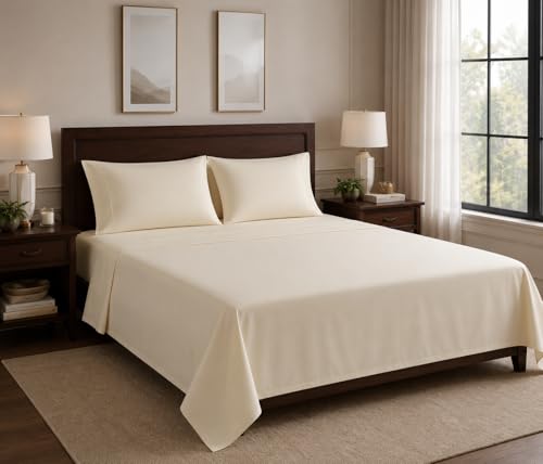 Image of Egyptian Cotton Feel King Size Flat Bedsheet with 2 Pillow Covers | 1000 TC Soft & Breathable | Ivory Solid Pattern for Bedrooms and Hotels Use (Size: 102 x 108 Inch)