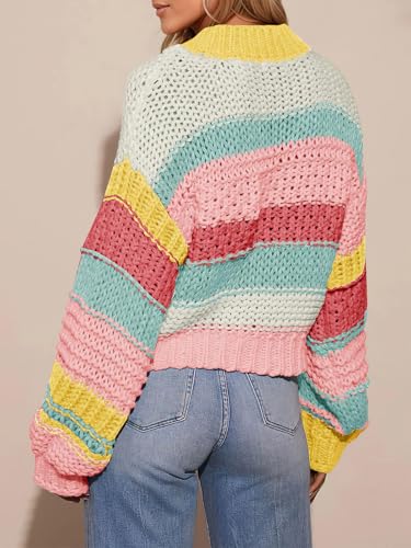 ebossy Women's Striped Chunky Sweaters Lantern Sleeve Button Down Color Block Cropped Cardigan 2025 Fall Outfits3