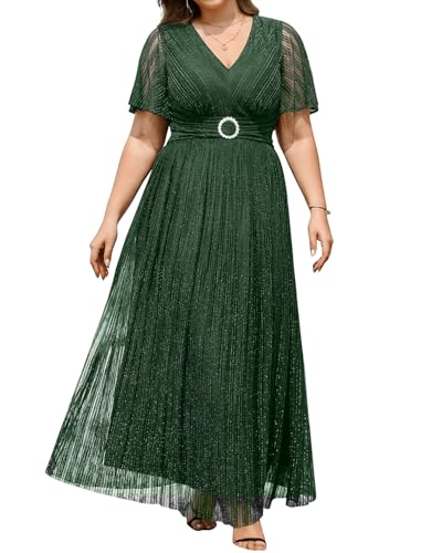 Plus Size Formal Dresses - Evening Gown Sparkly Sequin Glitter Prom Gala Ball Wedding Guest Maxi Dress with Short Sleeve