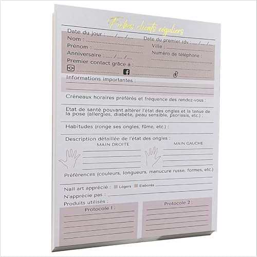 Fiches Clients Premium pour Prothésistes Ongulaires – 40 Pages Recto Verso, Format A5 – Suivi Personnalisé avec Protocoles Détaillés, Outil Professionnel et...