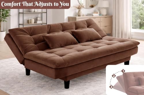 Image of Velvet Fabric Wooden 3-Seater Apsen Sofa Bed with Tufted Couch with Adjustable Backrest- Living Room Furniture-Brown-Color