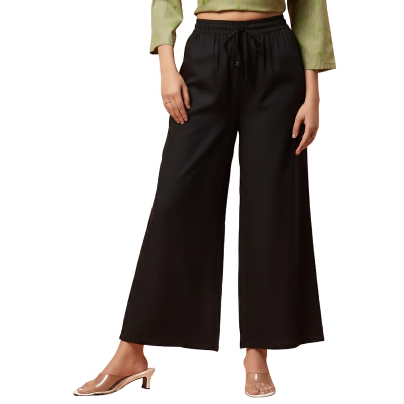 FuchsiaBless Women Soft Viscose Rayon Palazzo Pants Straight Wide Leg Relaxed Fit with Drawstring Flared Lounge Palazzo Pant