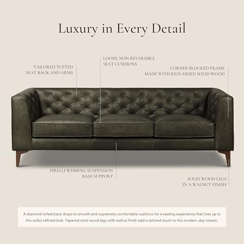 Image of Poly & BARK Essex 89 inch Full-Grain Italian Leather Sofa - Tufted Back, Feather-Down Comfort, Solid Wood Frame, Olivine Green