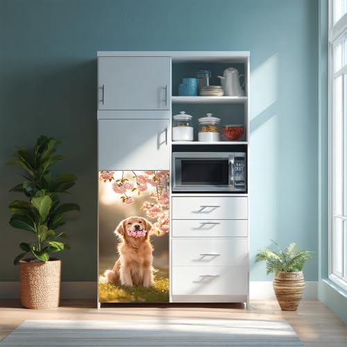 Image of Golden Retriever Refrigerator Sticker 14.57 x 32.28 Inch PVC Fridge Decal for Kitchen Cabinet Door Cupboard Pantry Door Flat Home Surface