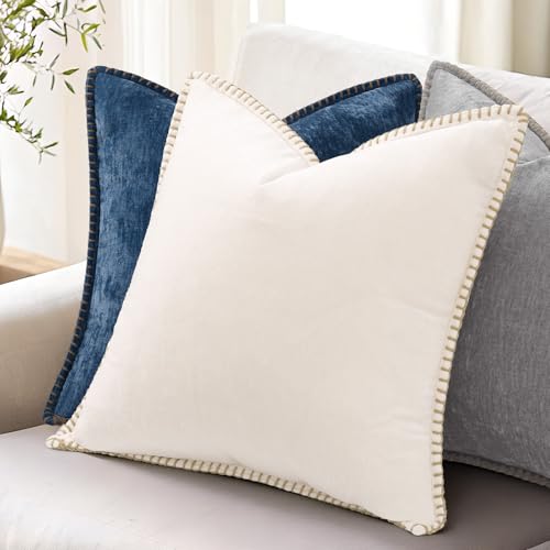 Image of decorUhome Fall Chenille Soft Cozy Throw Pillow Covers 24x24 Set of 2, Modern Farmhouse Boho Velvet Decorative Euro Sham Pillow Cases with Stitched Edge for Couch Sofa Bed Home Decor, Neutral Gray