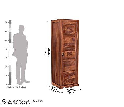 Image of Sheesham Wood Wooden Single Door Wardrobe Organizer for Clothes | - Solid Wood Almirah with 1 Drawers, 3 Shelves with Hanging Space - Cupboard for Large Bedroom (Design 25)