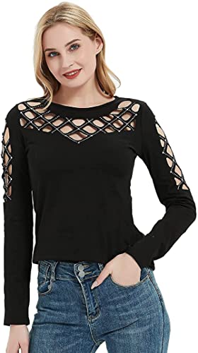 Memorose Long Sleeve Shirts for Women Crewneck Sexy Rhinestone Cut Out Tops Sparkle Blouse3