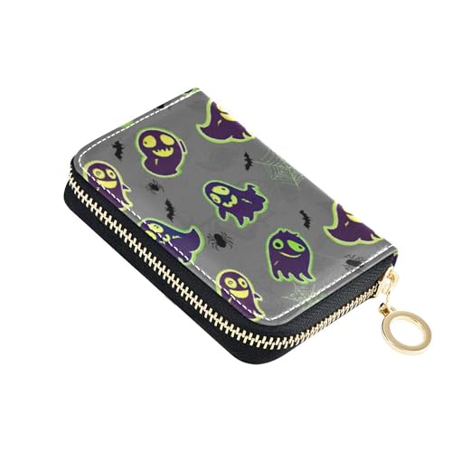 9 Credit Card Slots & 2 Cash Slots Women Wallet Zip Around Leather Travel Wallet with Zipper Cartoon Cute Ghosts Gray