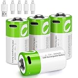 volkate C Batteries 4 Pack, Rechargeable C Cell Batteries with 4-in-1 USB-C Charging Cable, LR14 1.5V Lithium Ion Batteries C Size 5000mWh for Flashlights, Remote Controls, Radios, Clocks, Toys