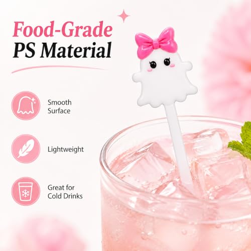 36 Pcs Pink Ghost Cocktail Stirrers, 7.1 Inch Halloween Swizzle Sticks - image 3