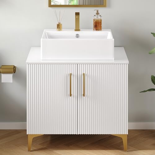 YITAHOME 30 Inch Bathroom Vanity with Vacuum Forming, Freestanding Storage Cabinet Vanity with Counter Top Sink Combo, 2 Large Soft Closing Doors with Shelf, Gold Handles & Legs, White