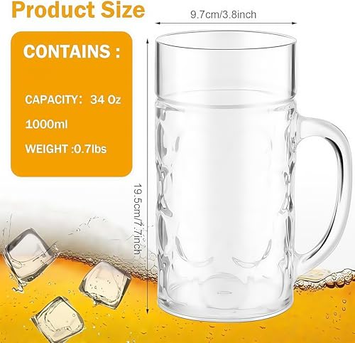 Plastic Pint Glasses Set of 2, 1L Large Beer Mugs with Handles, Reusable Drinking Glasses Beer Stein for Club, Bar & Party - Image 3
